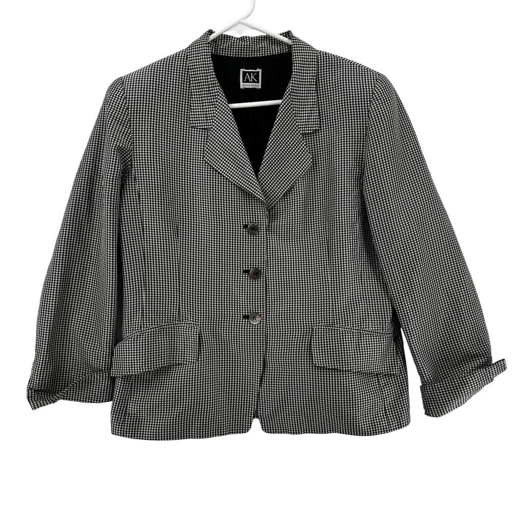 Anne Klein Blazer Womens Medium Black White Check Silk Jacket Workwear‎ Classic